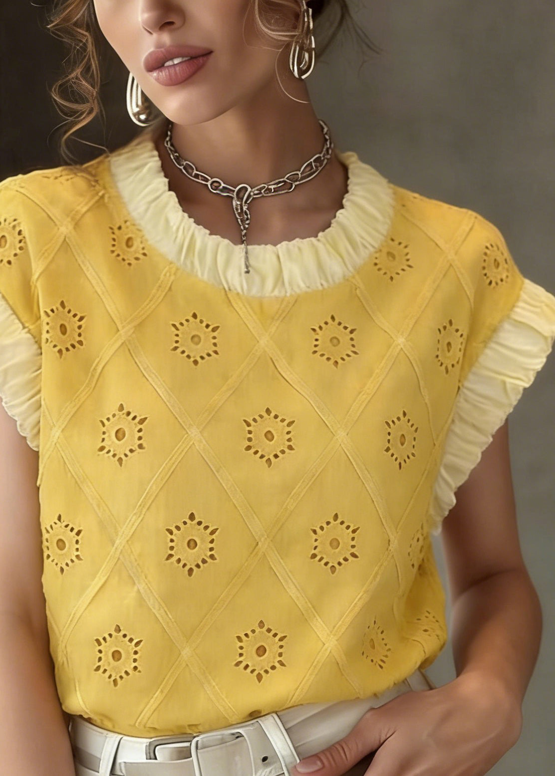 Cute Yellow Patchwork Hollow Out T Shirt Summer - Omychic