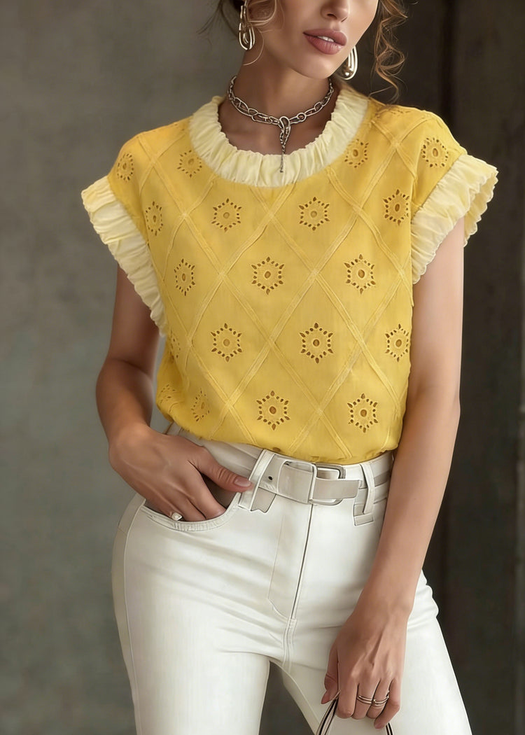 Cute Yellow Patchwork Hollow Out T Shirt Summer - Omychic