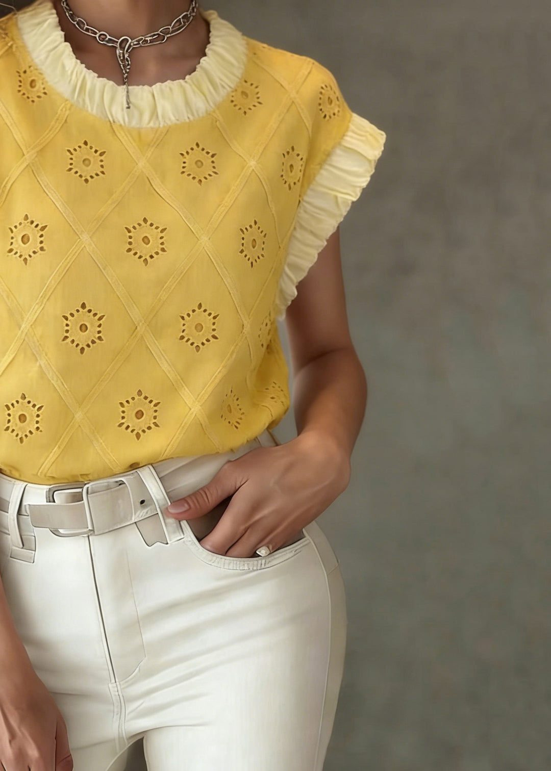 Cute Yellow Patchwork Hollow Out T Shirt Summer - Omychic