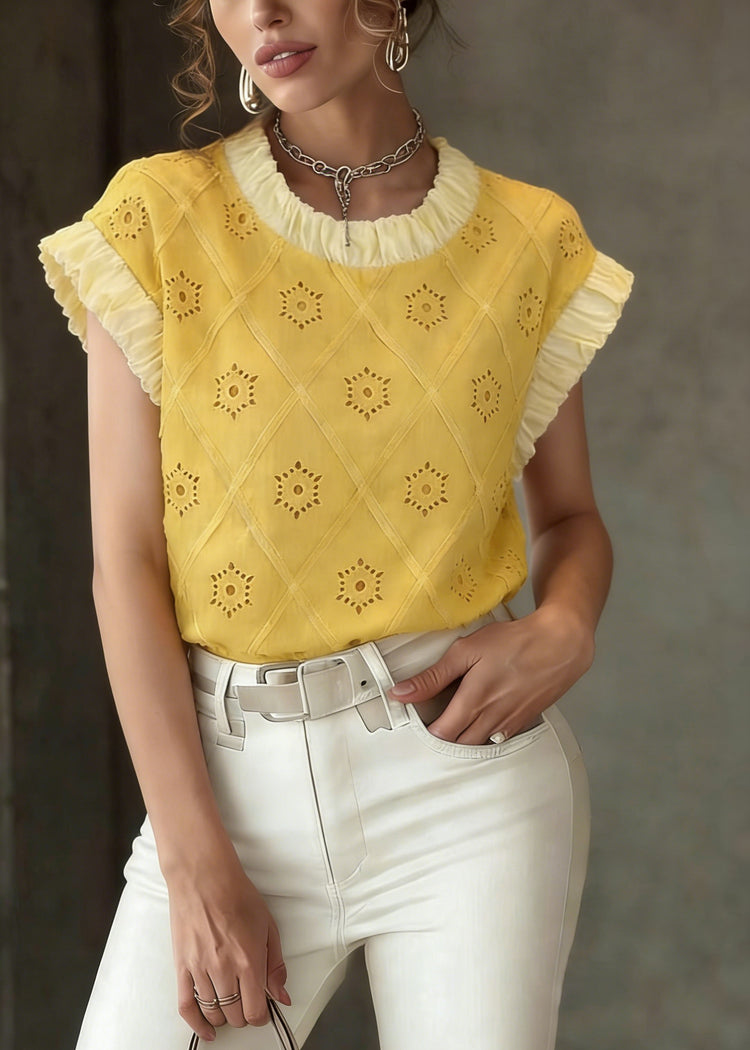 Cute Yellow Patchwork Hollow Out T Shirt Summer - Omychic