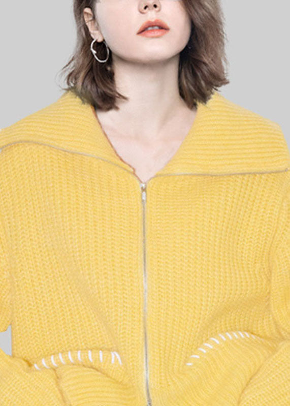 Cute Yellow Peter Pan Collar Zippered Cotton Knit Cardigans Fal