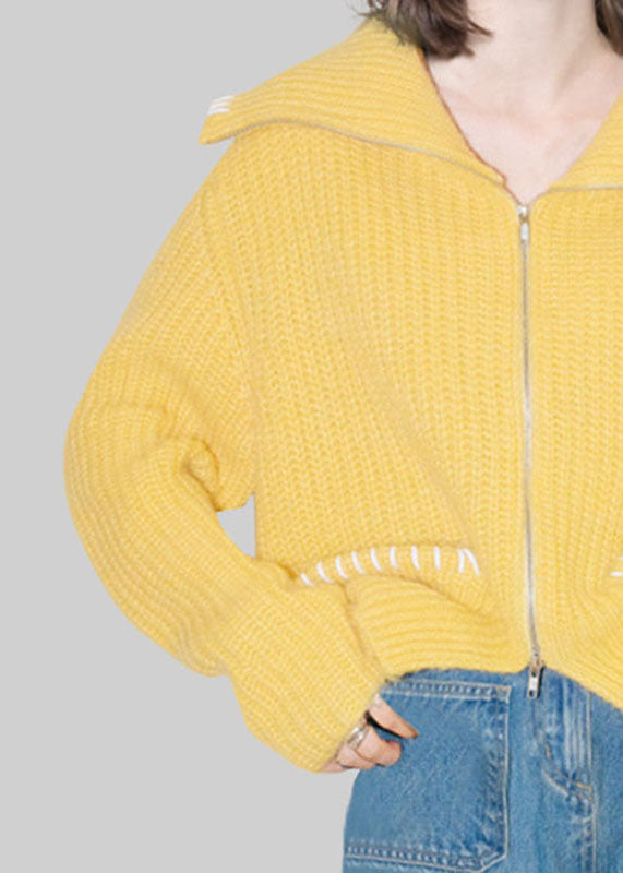 Cute Yellow Peter Pan Collar Zippered Cotton Knit Cardigans Fal