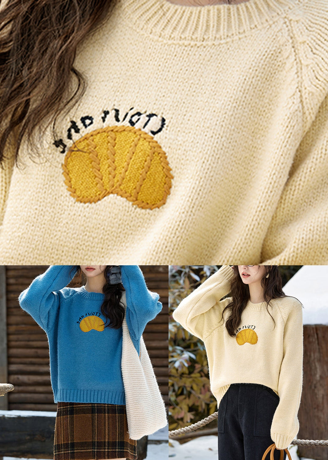 Cute Yellow Print Thick Cotton Knit Sweaters Long Sleeve