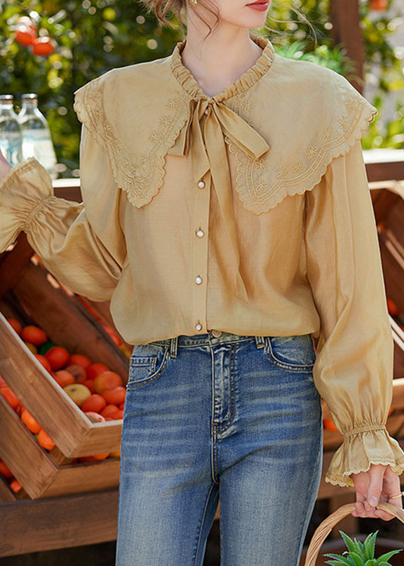 Cute Yellow Sailor Collar Patchwork Shirts Lantern Sleeve