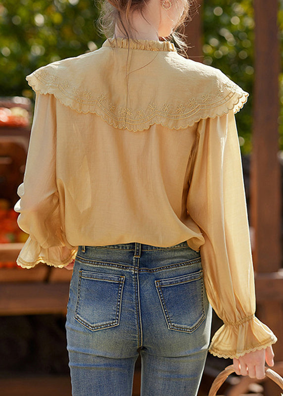 Cute Yellow Sailor Collar Patchwork Shirts Lantern Sleeve