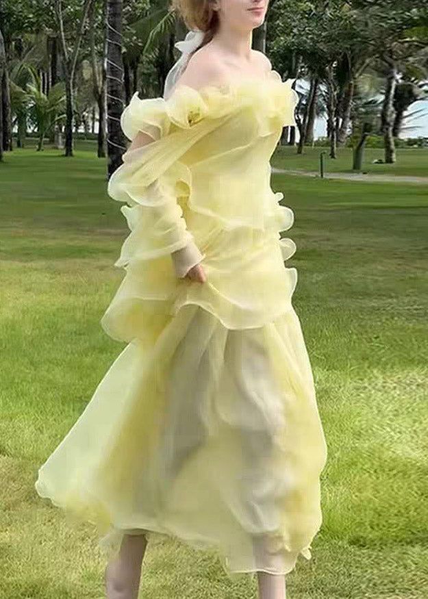 Cute Yellow Slash Neck Ruffled Patchwork Tulle Maxi Dress Sleeveless