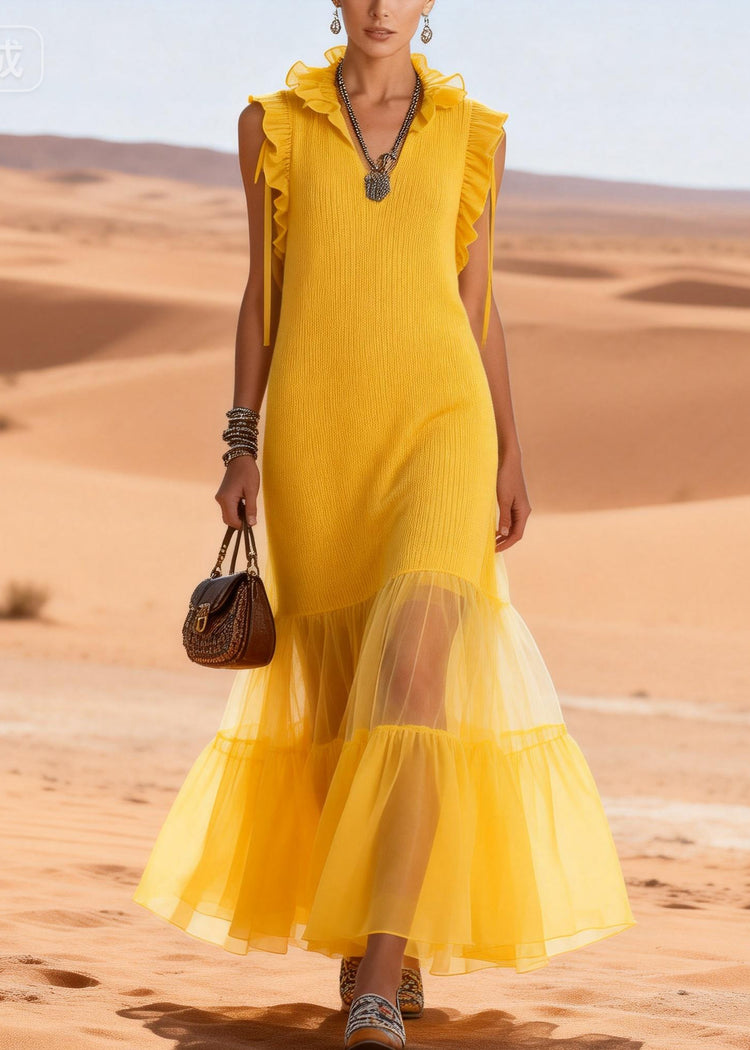 Cute Yellow V Neck Ruffled Tulle Patchwork Cotton Knit Long Dress Sleeveless - Omychic
