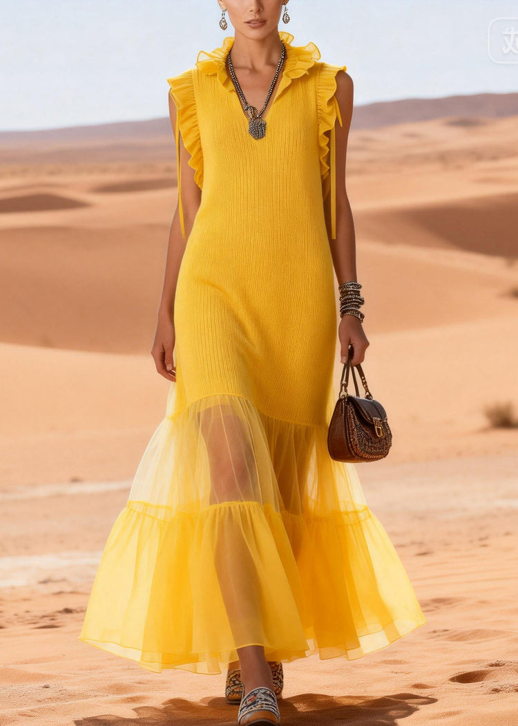 Cute Yellow V Neck Ruffled Tulle Patchwork Cotton Knit Long Dress Sleeveless - Omychic