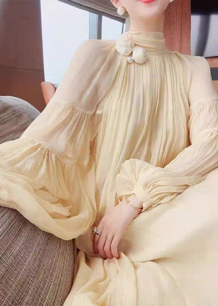 Cute Yellow Wrinkled Patchwork Chiffon Long Dress Lantern Sleeve