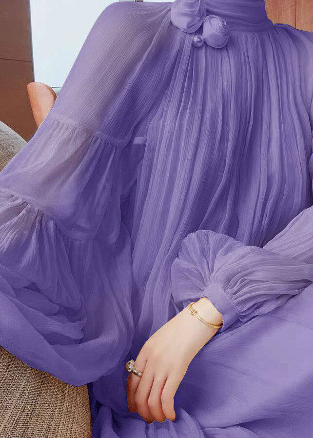 Cute Yellow Wrinkled Patchwork Chiffon Long Dress Lantern Sleeve