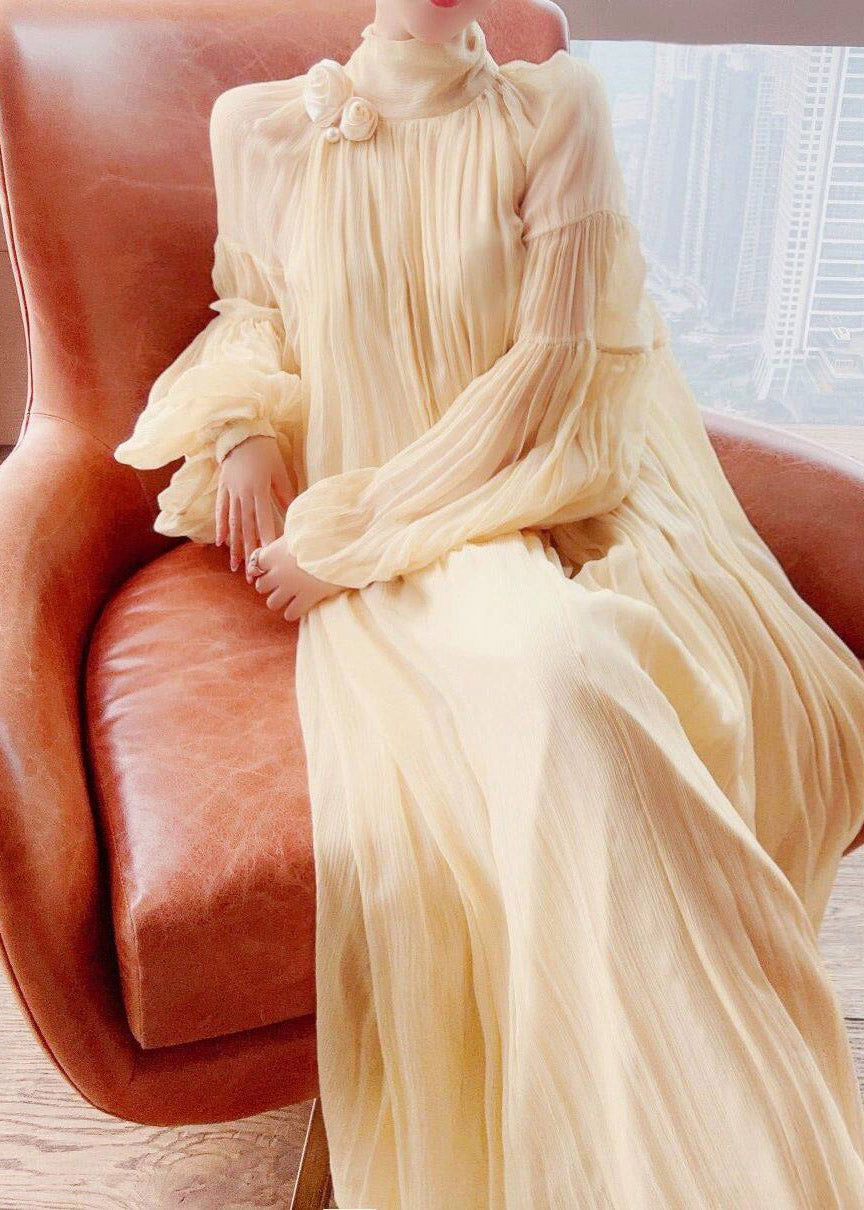 Cute Yellow Wrinkled Patchwork Chiffon Long Dress Lantern Sleeve