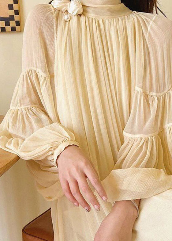 Cute Yellow Wrinkled Patchwork Chiffon Long Dress Lantern Sleeve