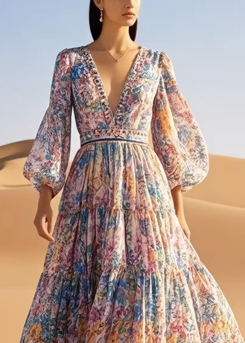 DIY Apricot Print Exra Large Hem Chiffon Robe Dresses Spring