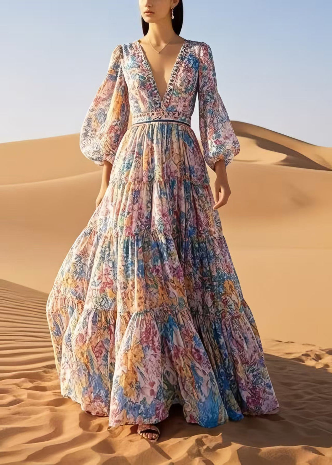DIY Apricot Print Exra Large Hem Chiffon Robe Dresses Spring