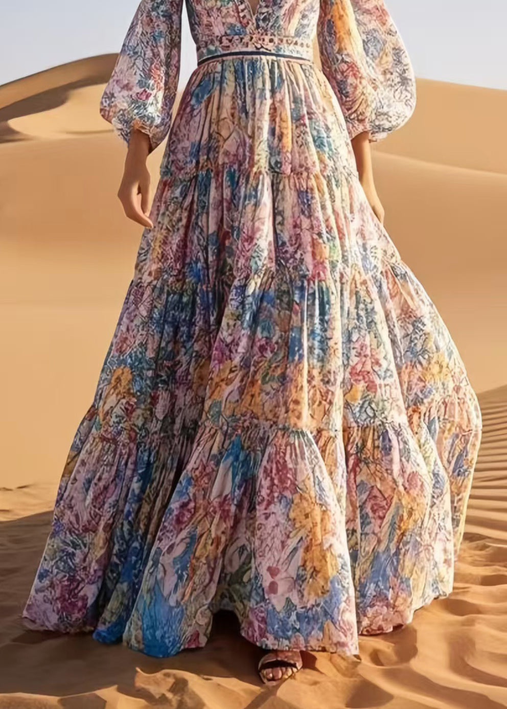 DIY Apricot Print Exra Large Hem Chiffon Robe Dresses Spring