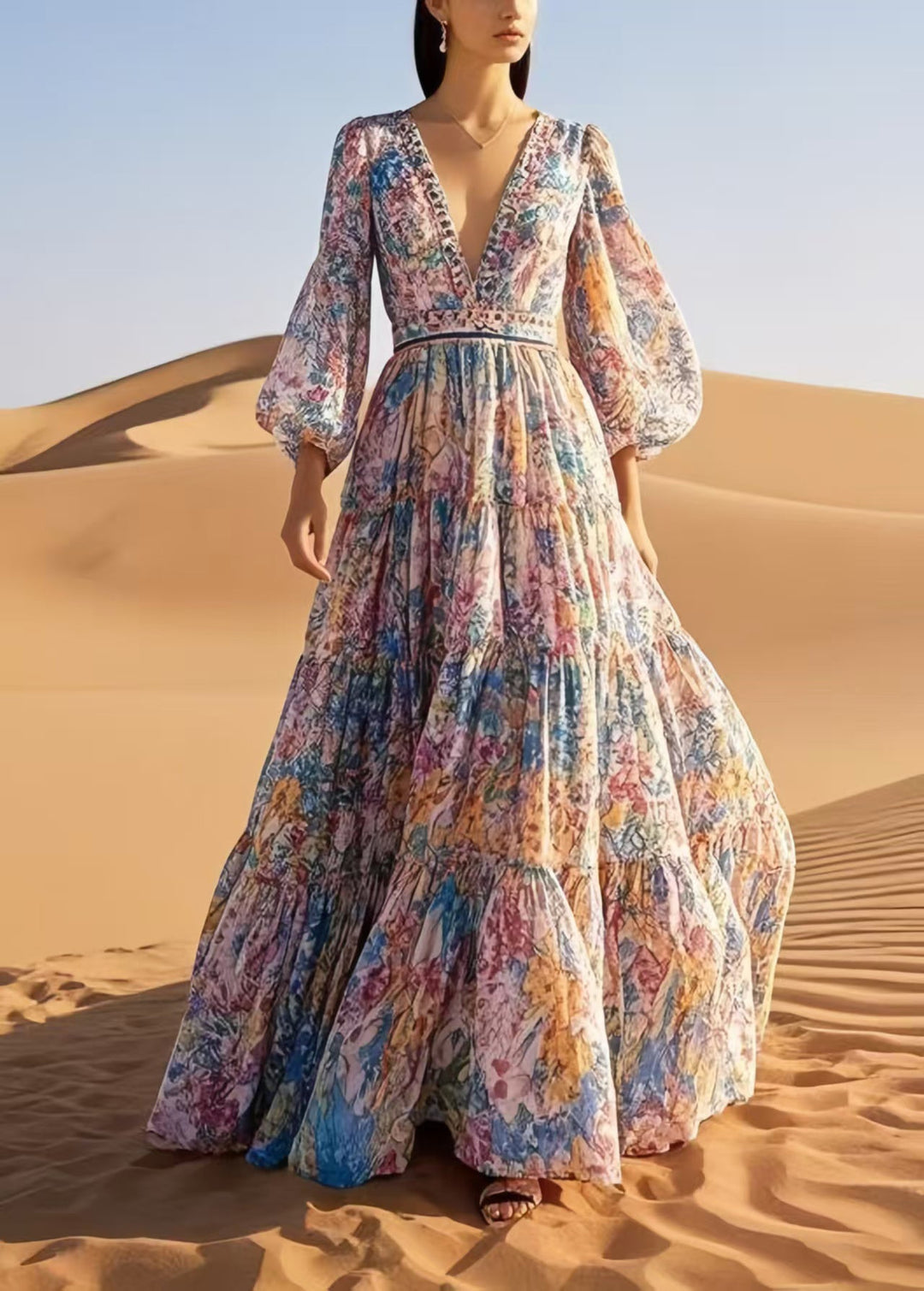 DIY Apricot Print Exra Large Hem Chiffon Robe Dresses Spring