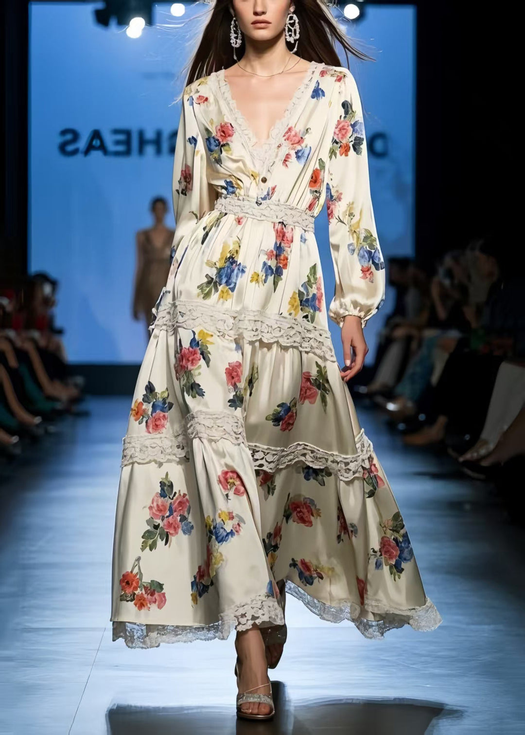 DIY Apricot Print Lace Patchwork Silk Holiday Dress Spring