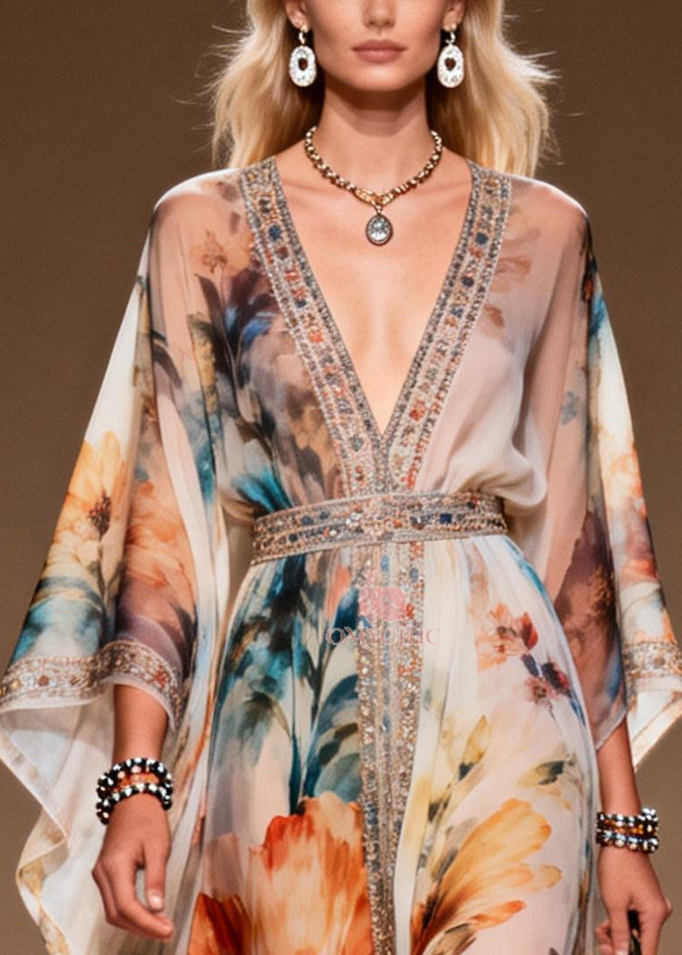 DIY Apricot Print Rhinestone Chiffon Party Dresses Summer