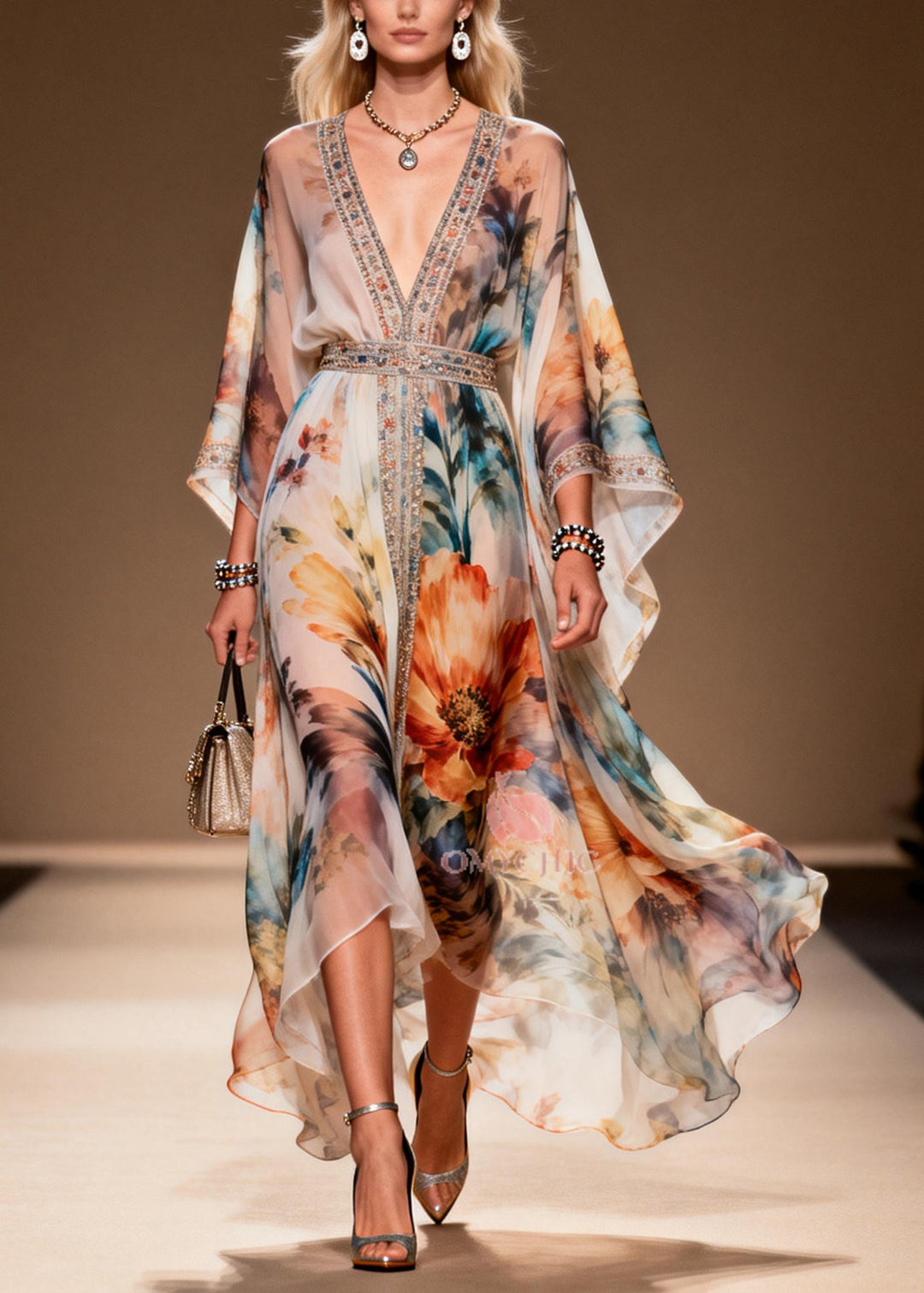DIY Apricot Print Rhinestone Chiffon Party Dresses Summer