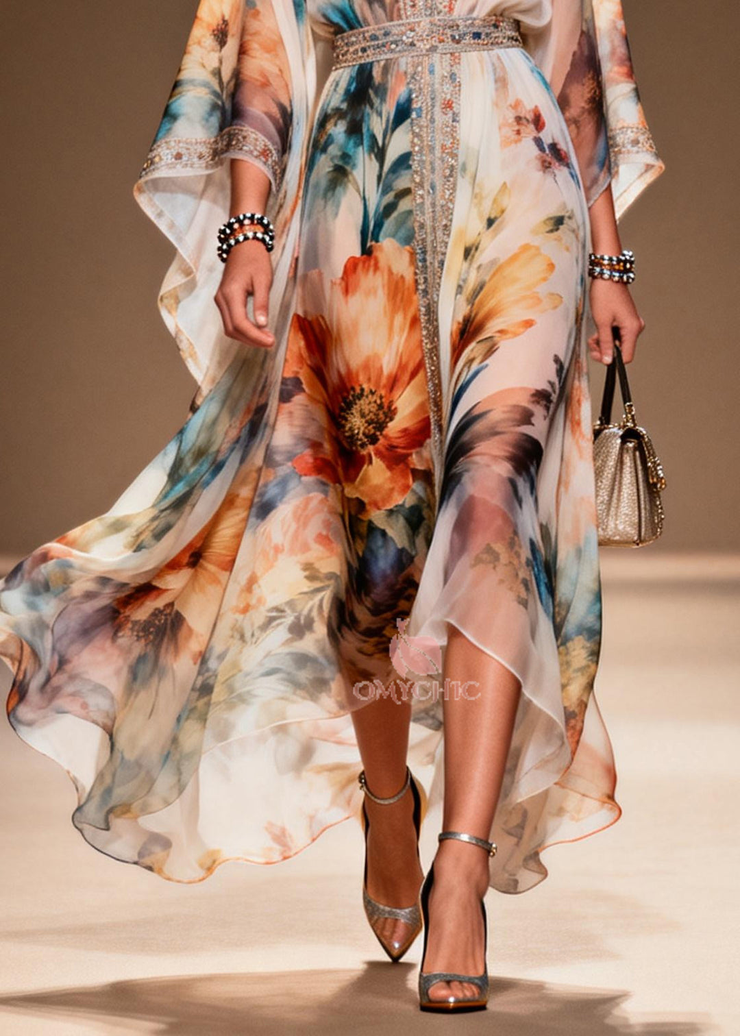 DIY Apricot Print Rhinestone Chiffon Party Dresses Summer