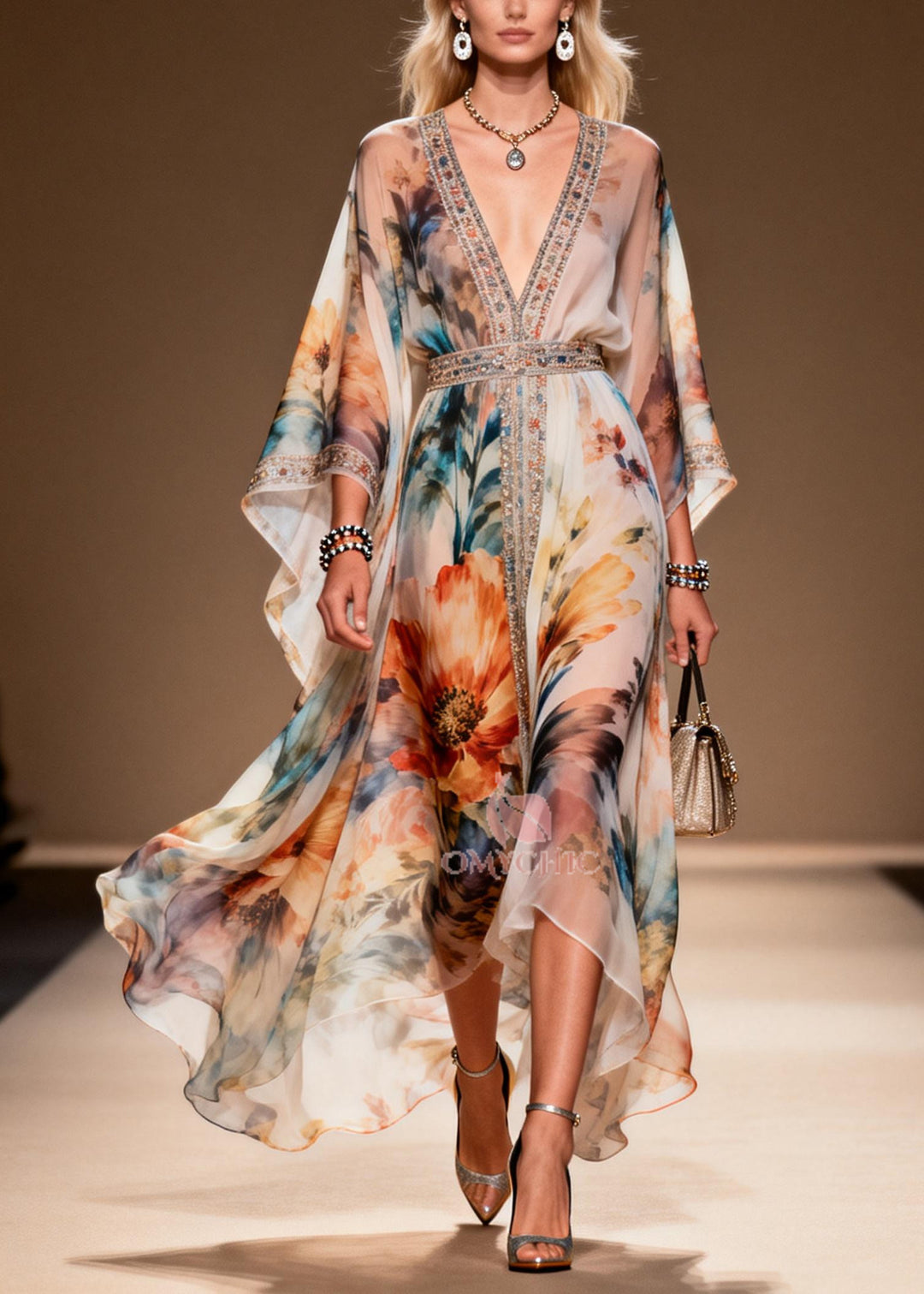 DIY Apricot Print Rhinestone Chiffon Party Dresses Summer