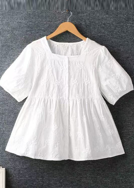 DIY Apricot Square Collar Embroidered Cotton Tops Summer