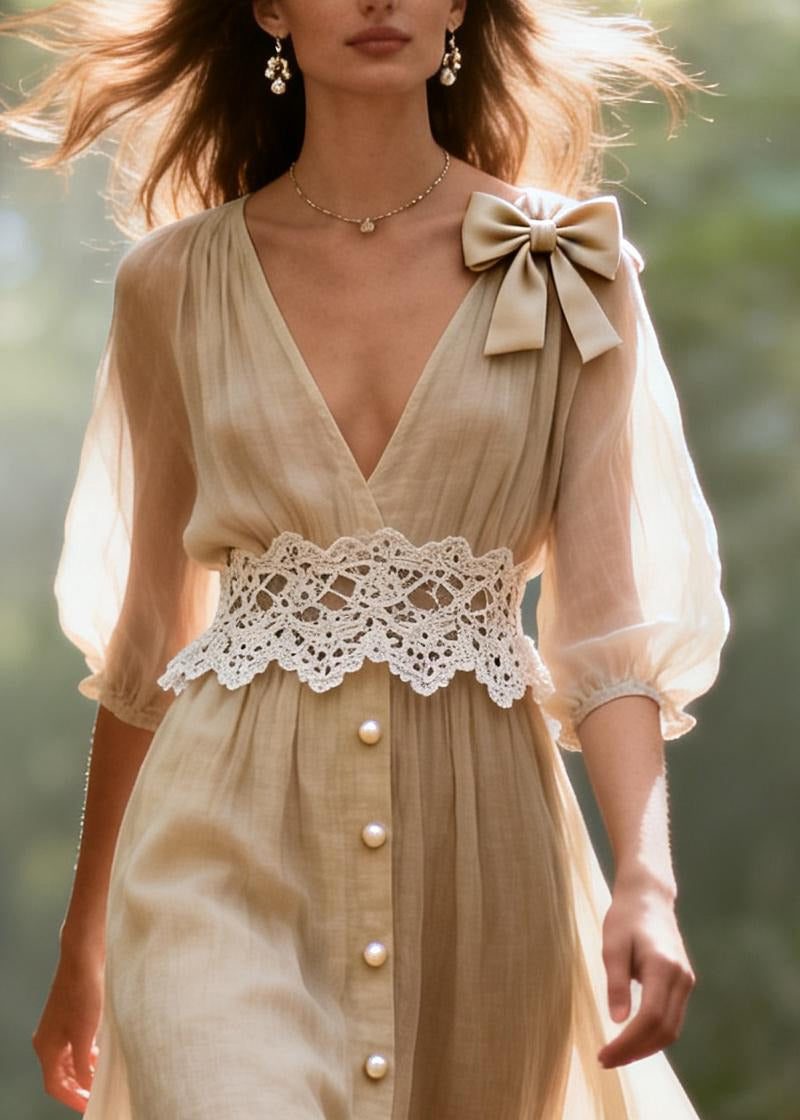 DIY Apricot V Neck Lace Patchwork Fine Pearl Cotton Maxi Dresses Summer