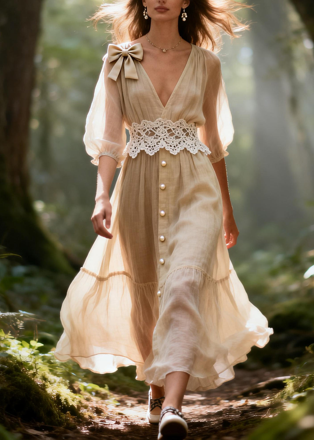 DIY Apricot V Neck Lace Patchwork Fine Pearl Cotton Maxi Dresses Summer