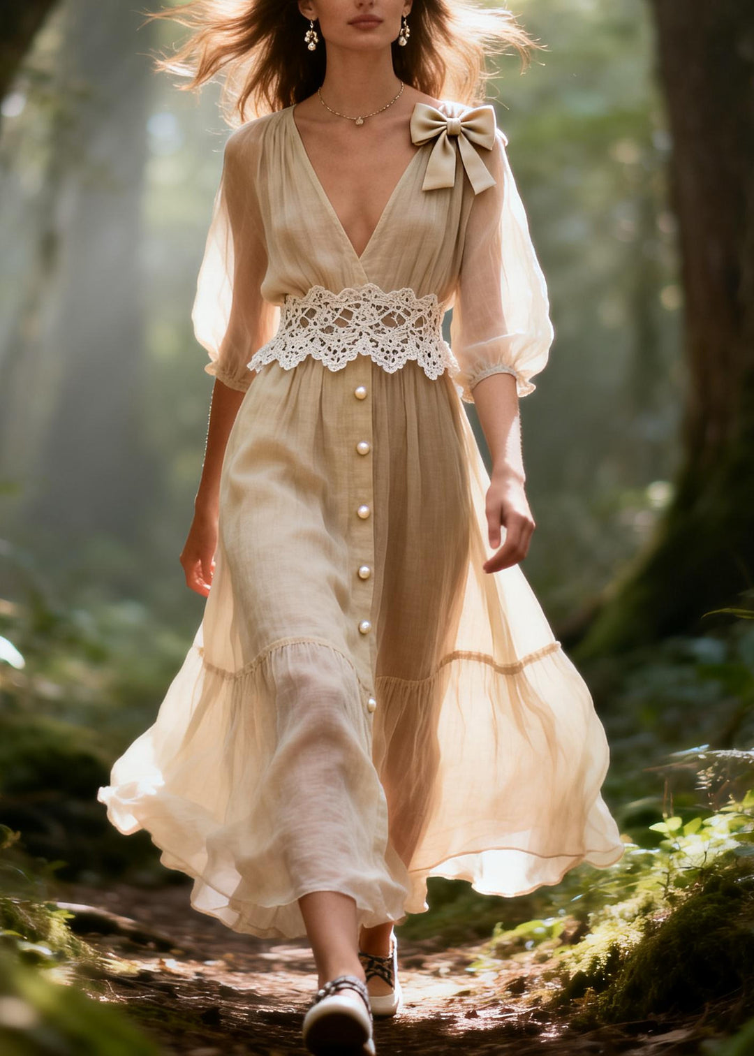 DIY Apricot V Neck Lace Patchwork Fine Pearl Cotton Maxi Dresses Summer