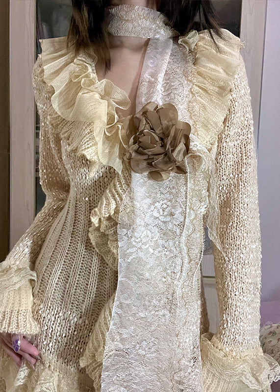 DIY Beige Asymmetrical Patchwork Flower Decorated Knit Jackets Fall