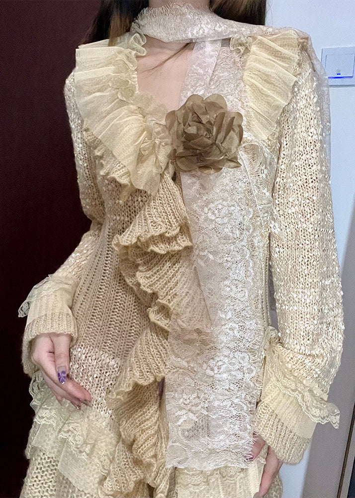 DIY Beige Asymmetrical Patchwork Flower Decorated Knit Jackets Fall