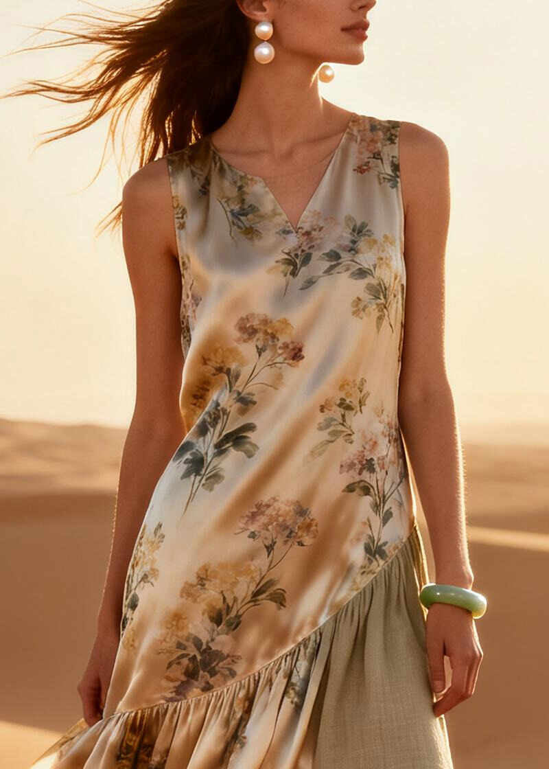 DIY Beige Asymmetrical Patchwork Silk Long Dresses Summer