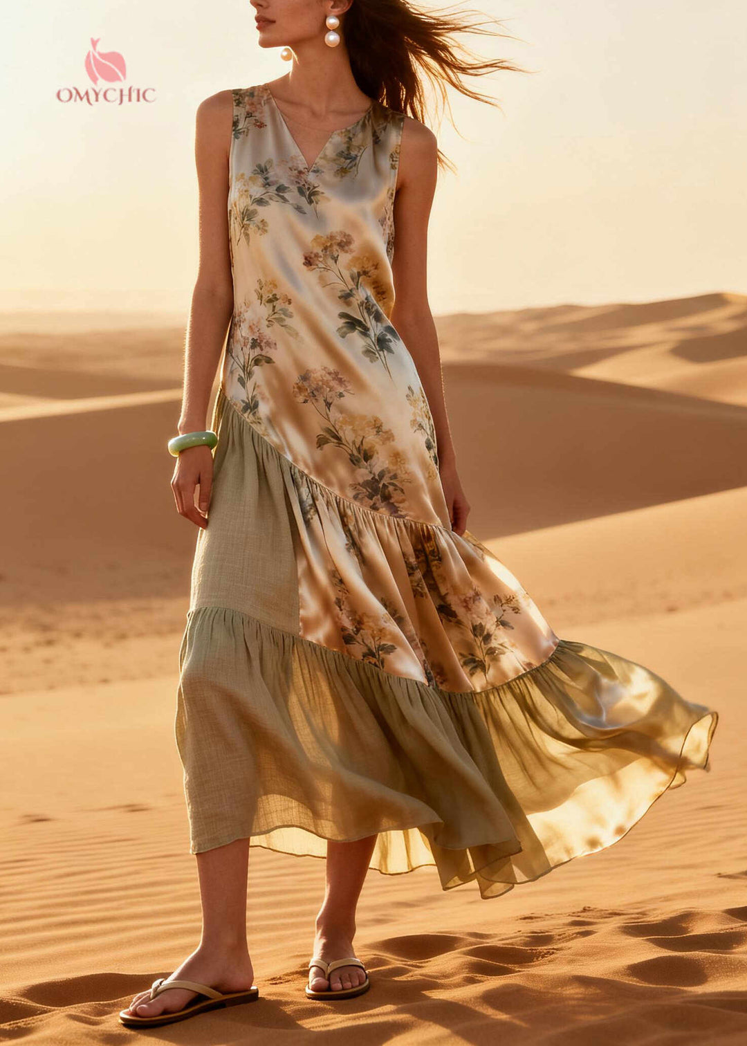 DIY Beige Asymmetrical Patchwork Silk Long Dresses Summer
