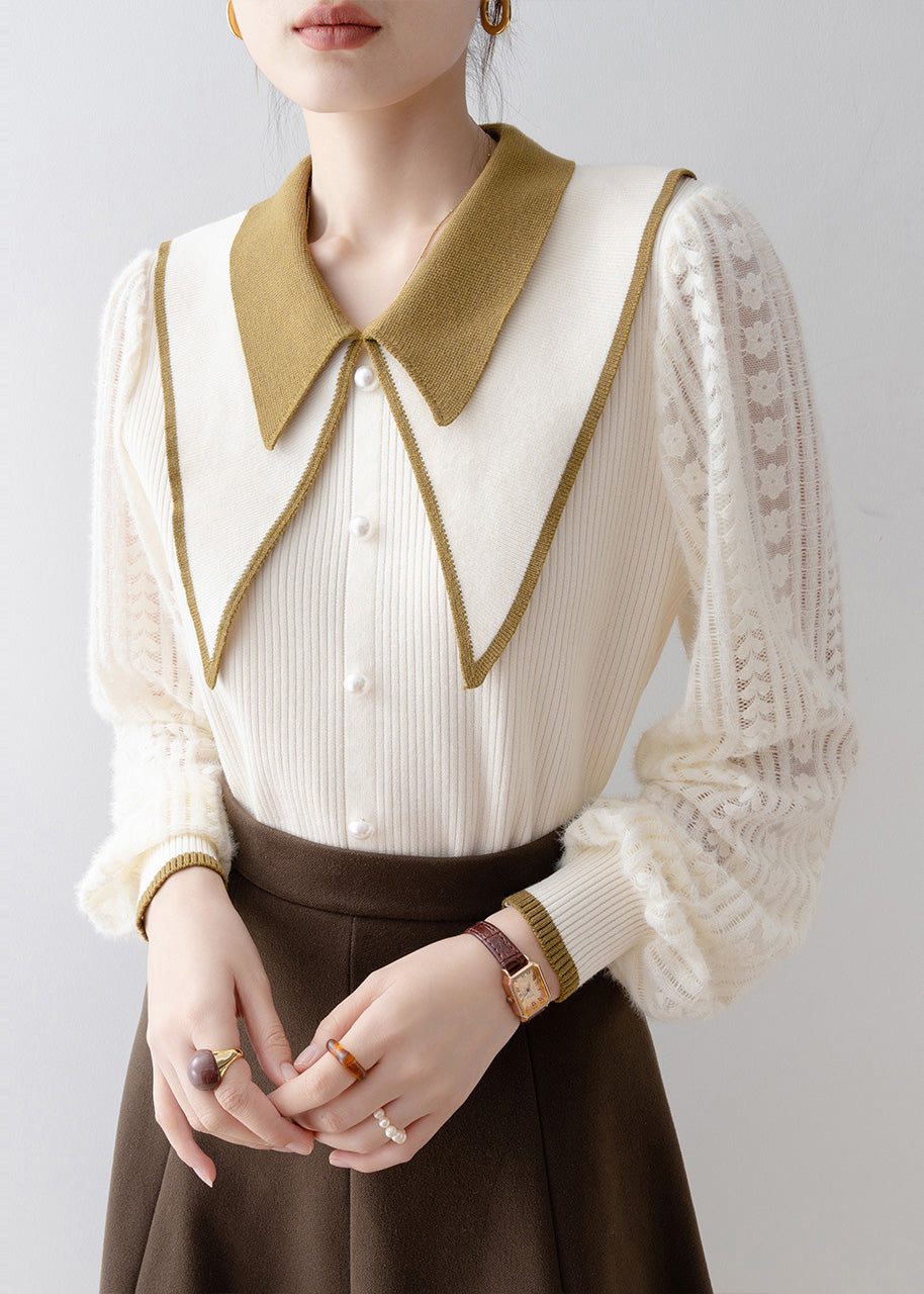 DIY Beige Double-layer Nail Bead Knit Sweater Winter