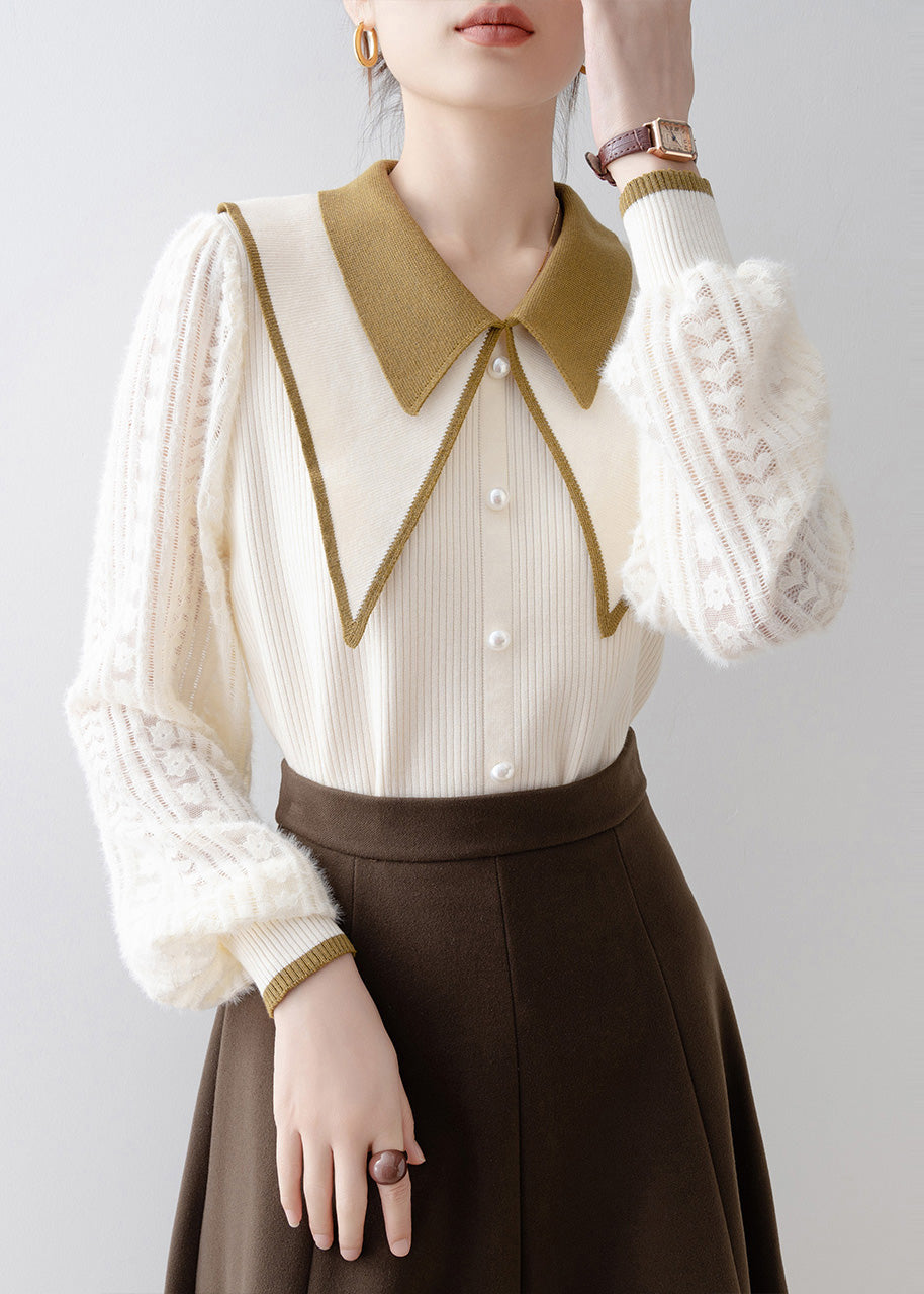 DIY Beige Double-layer Nail Bead Knit Sweater Winter