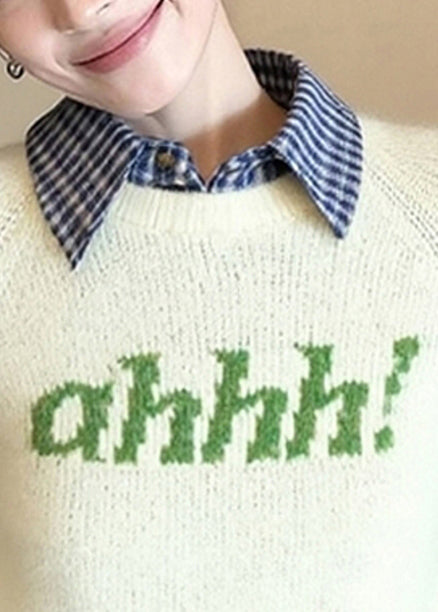 DIY Beige Letter Patchwork Knitted Fake Two Piece Sweater Winter