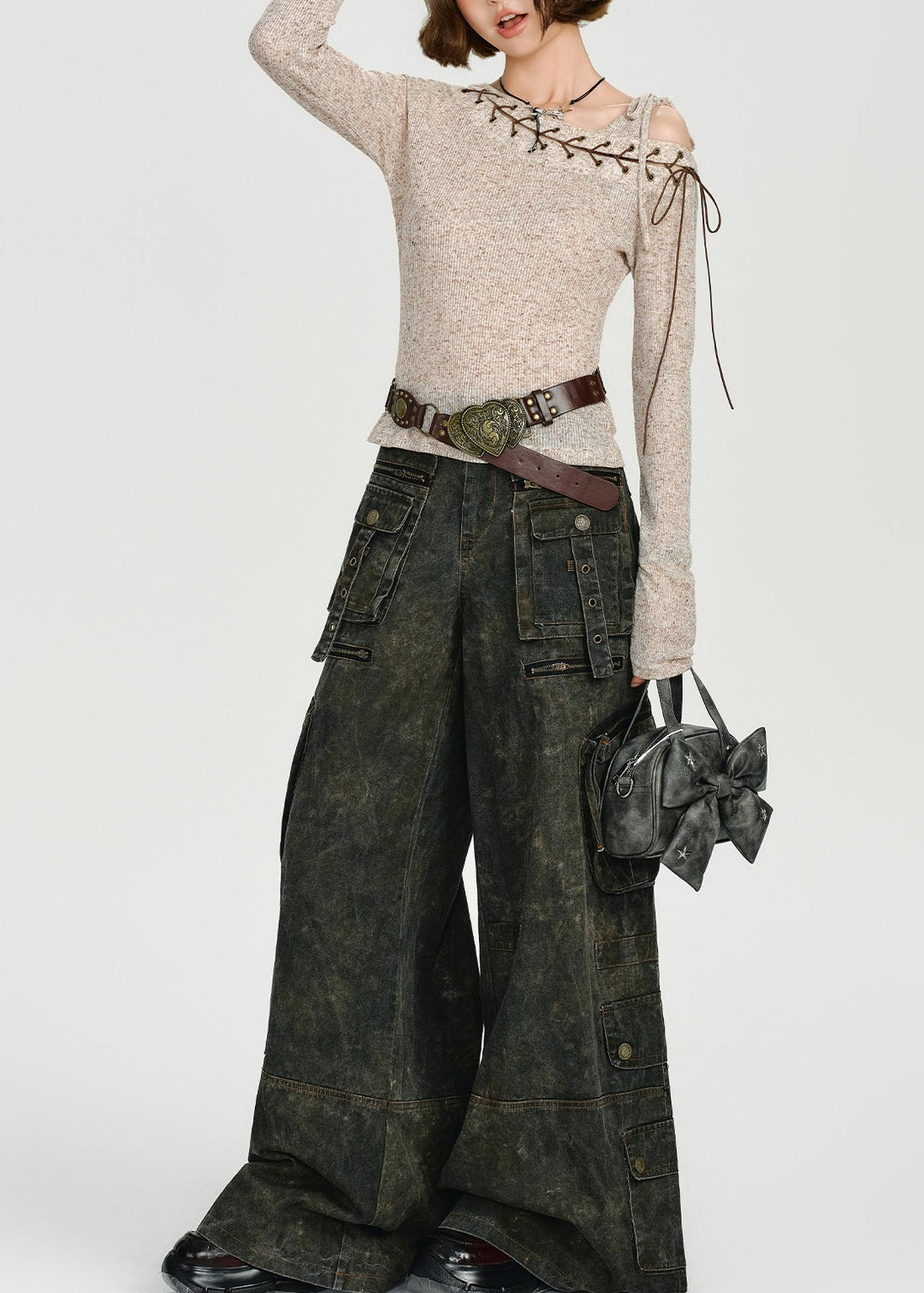 DIY Beige One Shoulder Cross Strap Knit Tops Spring