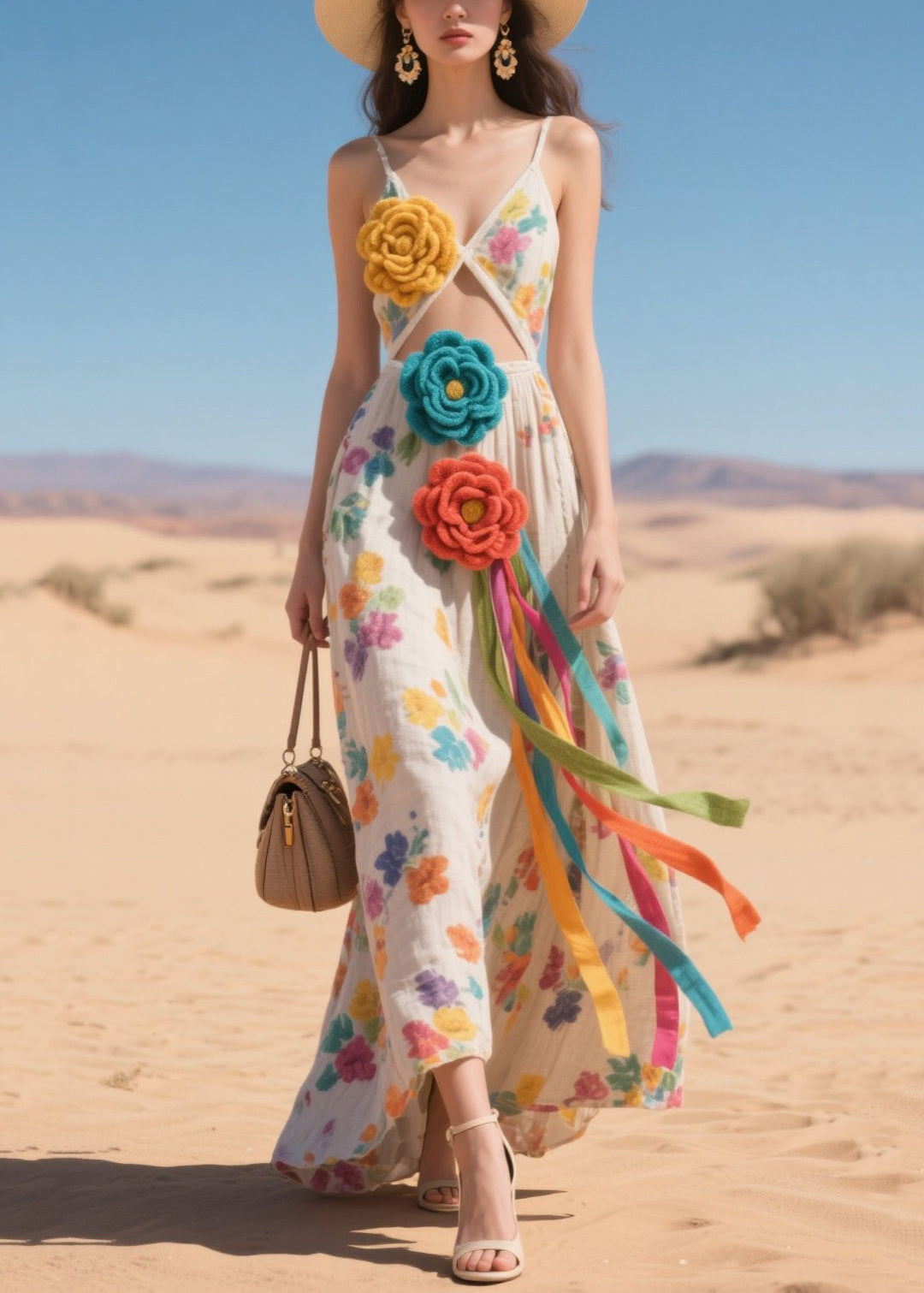DIY Beige Print Cotton Cami Dresses Multicolor Flower Summer