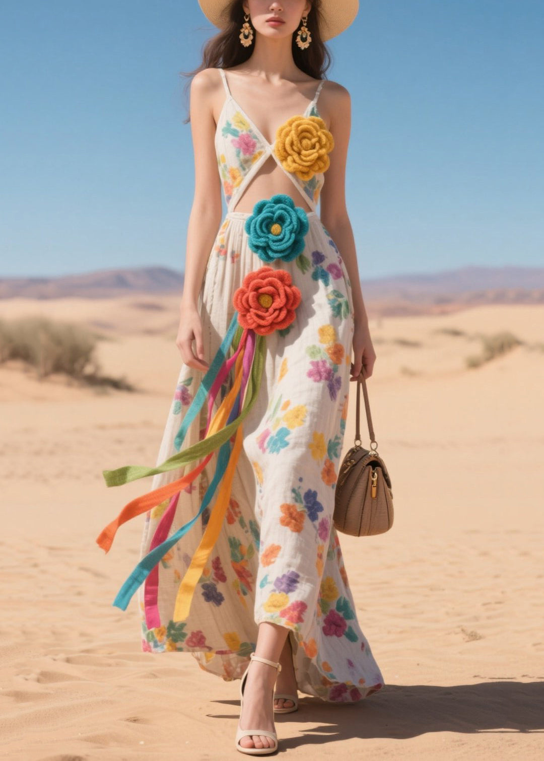 DIY Beige Print Cotton Cami Dresses Multicolor Flower Summer