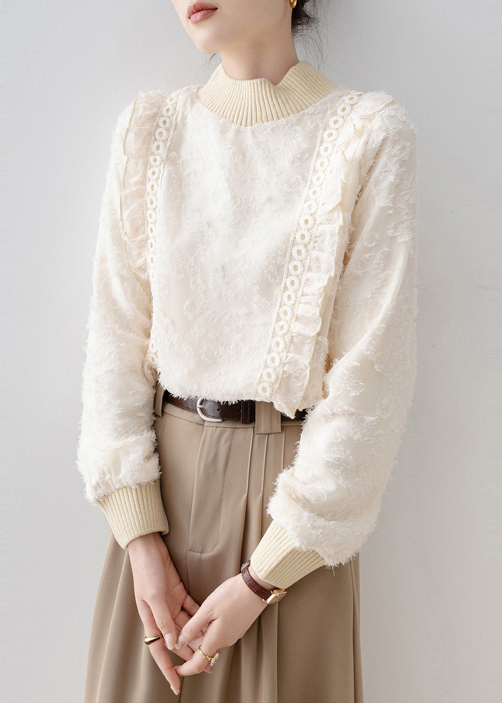 DIY Beige Stand Collar Patchwork Warm Fleece Blouses Winter