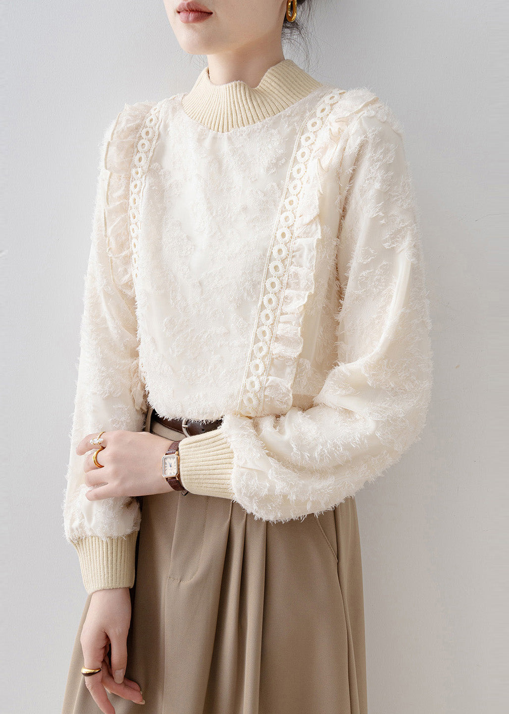 DIY Beige Stand Collar Patchwork Warm Fleece Blouses Winter