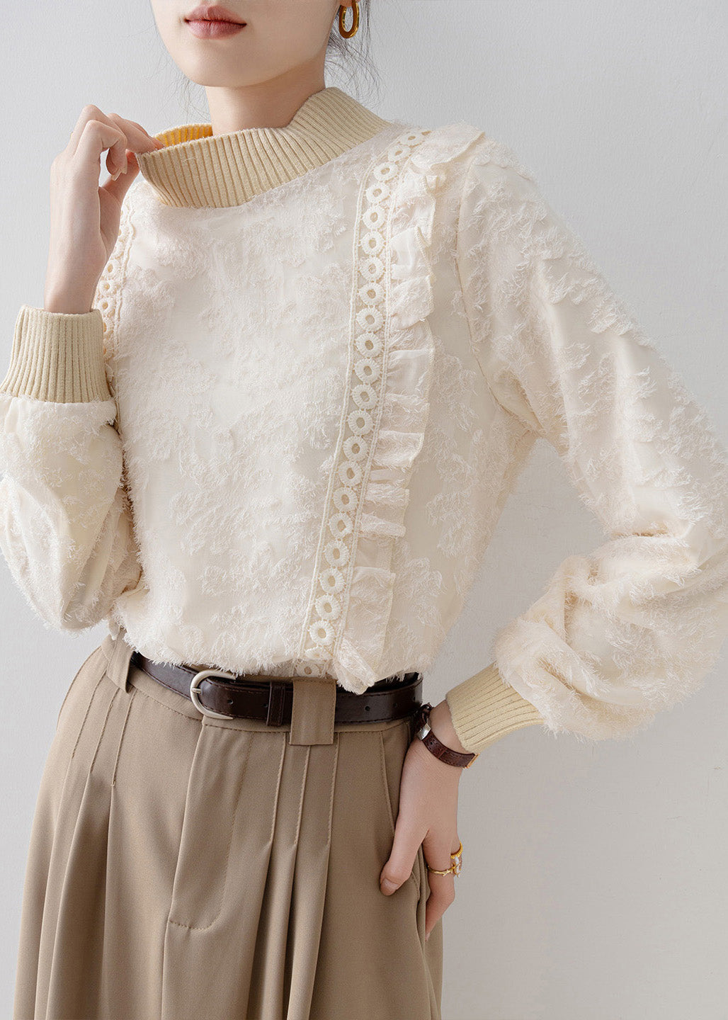 DIY Beige Stand Collar Patchwork Warm Fleece Blouses Winter