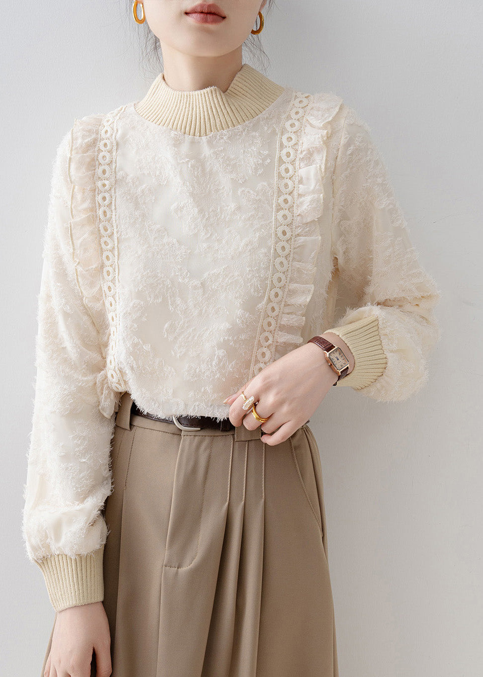 DIY Beige Stand Collar Patchwork Warm Fleece Blouses Winter