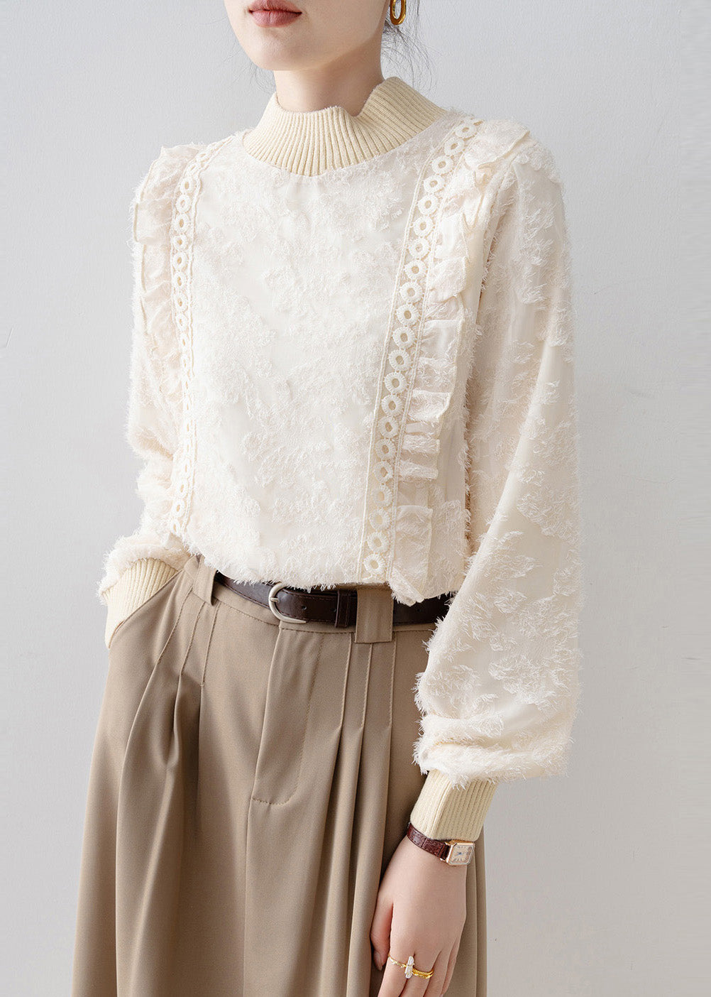DIY Beige Stand Collar Patchwork Warm Fleece Blouses Winter