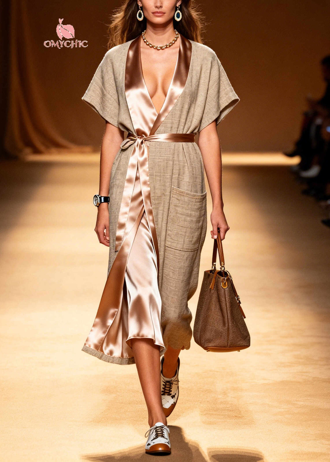 DIY Beige Tie Waist Patchwork Linen Dresses Summer