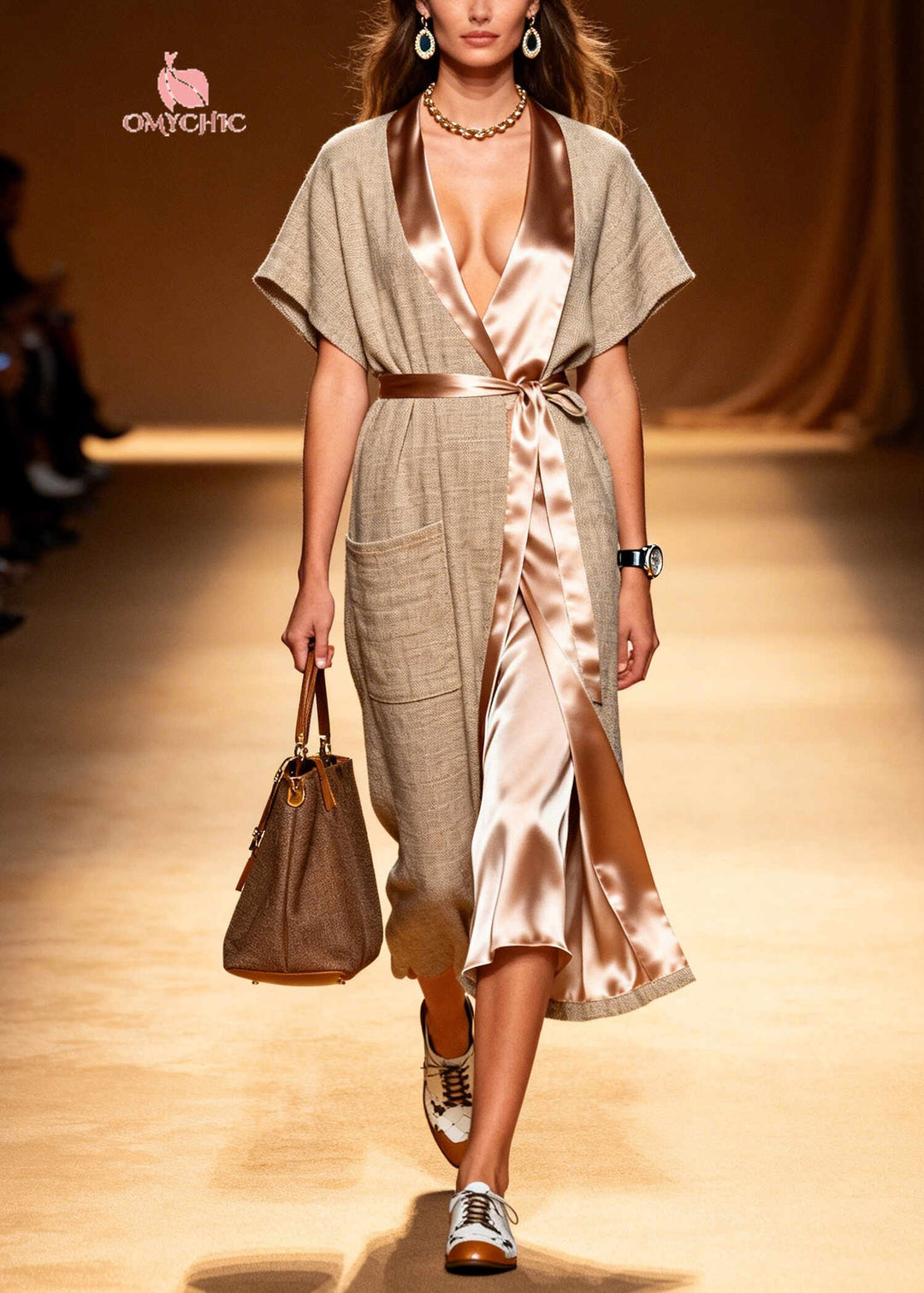 DIY Beige Tie Waist Patchwork Linen Dresses Summer