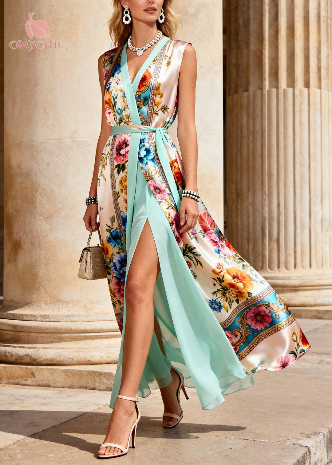 DIY Beige Tie Waist Print Chiffon Fake Two Piece Dresses Sleeveless