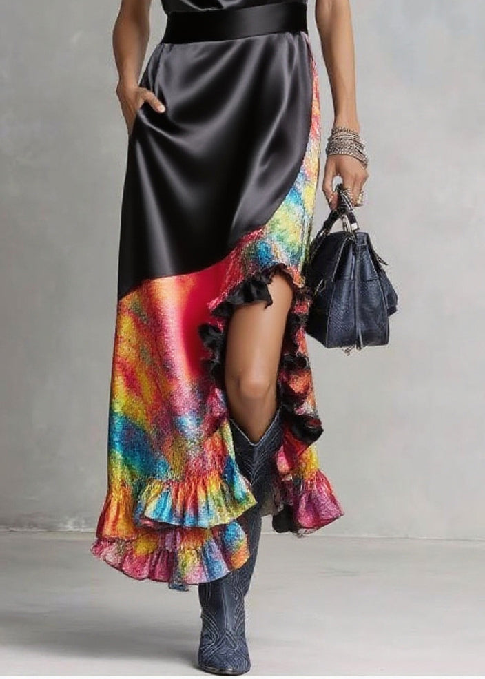 DIY Black Asymmetrical Patchwork Print Silk Holiday Dress Sleeveless