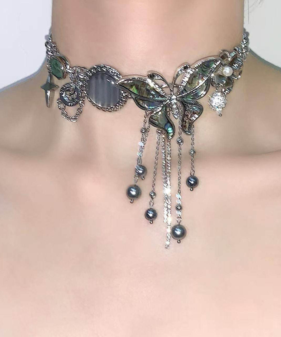 DIY Black Butterfly Tassel Zircon Adjustable Alloy Choker