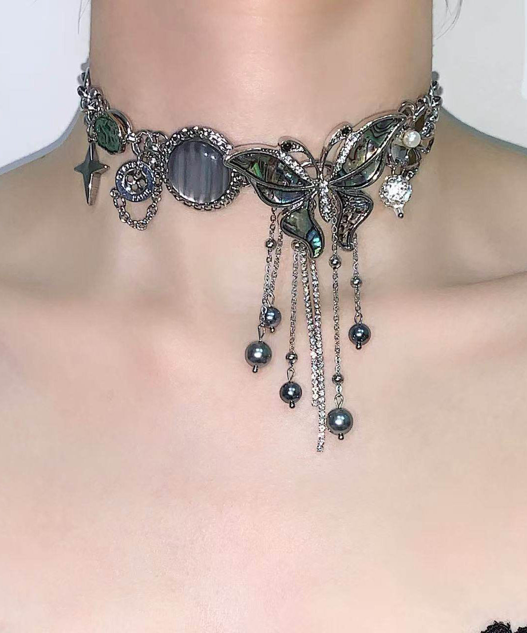 DIY Black Butterfly Tassel Zircon Adjustable Alloy Choker